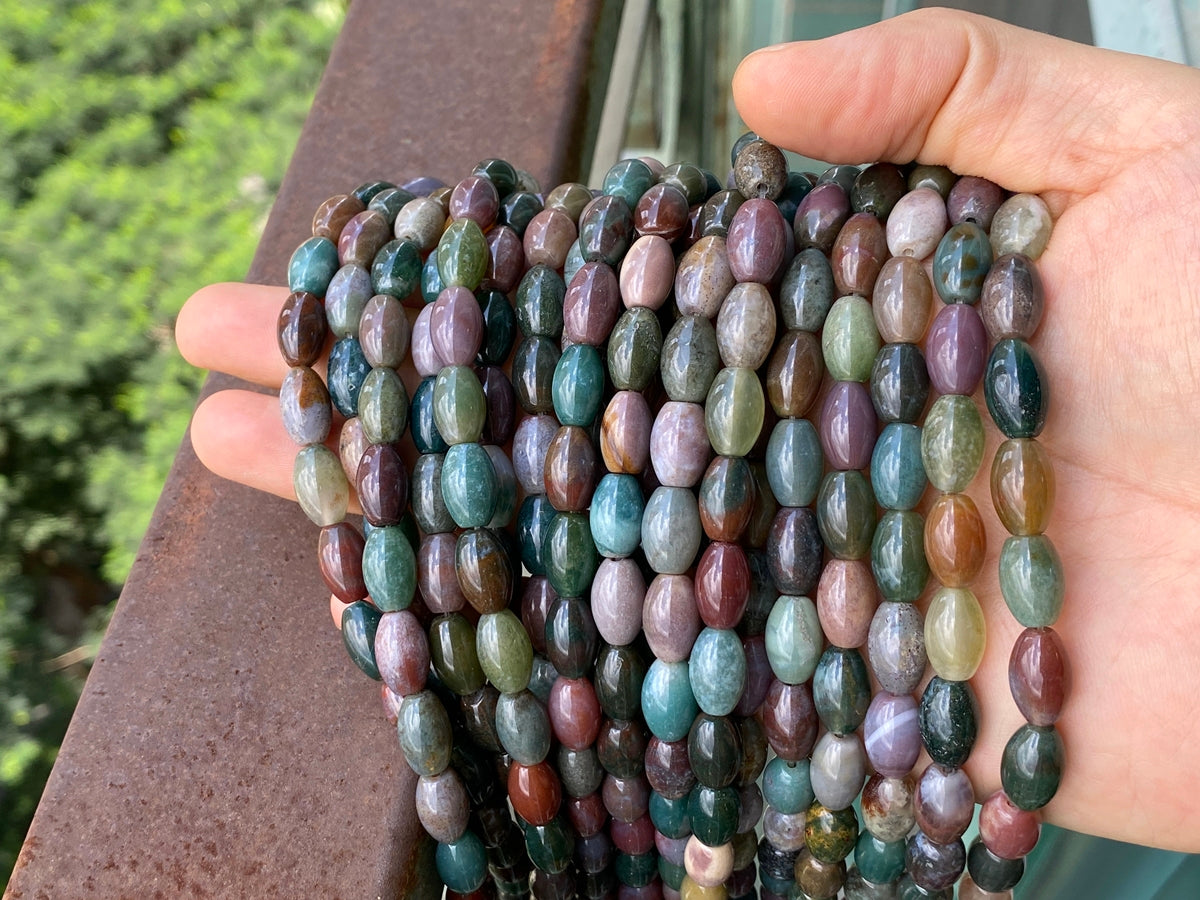 15.5" Natural 8x12mm green Indian agate drum beads AA