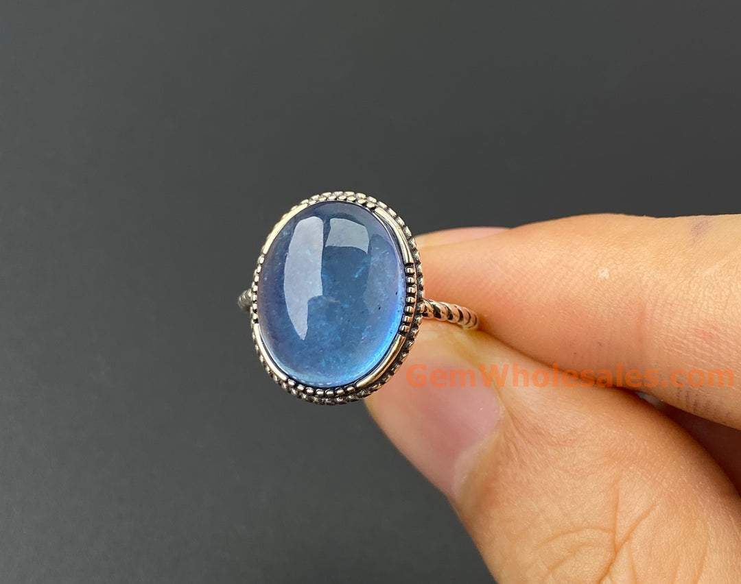 925 sterling silver rings with oval Natural aquamarine cabochon stone