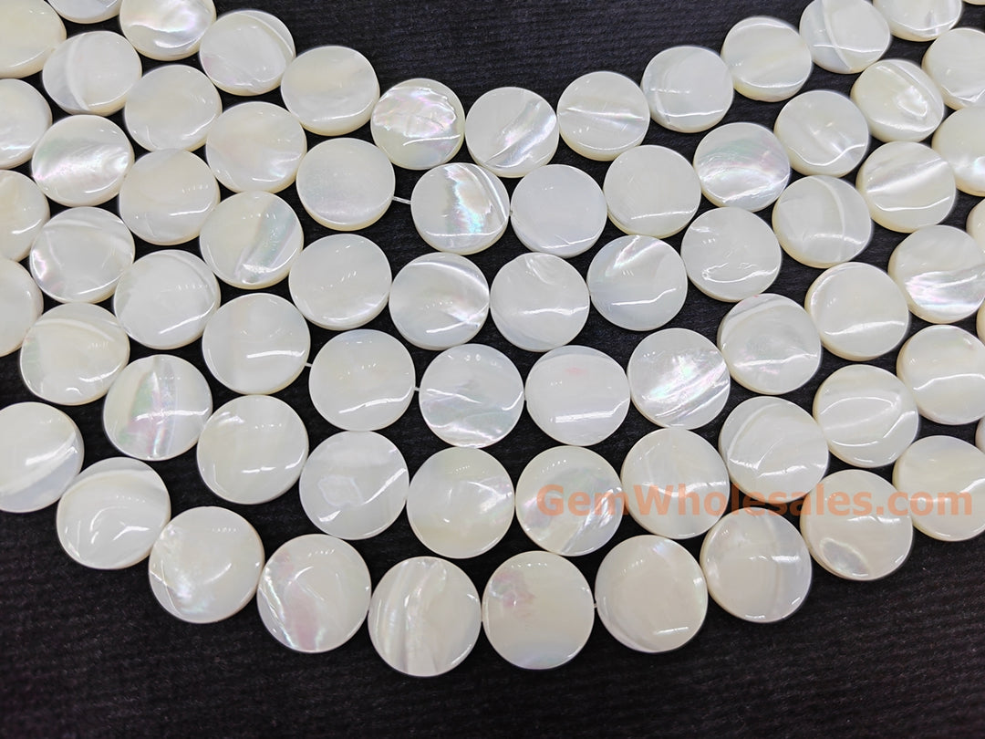 Natural white mother of pearl MOP 15mm coin beads, 15.5"