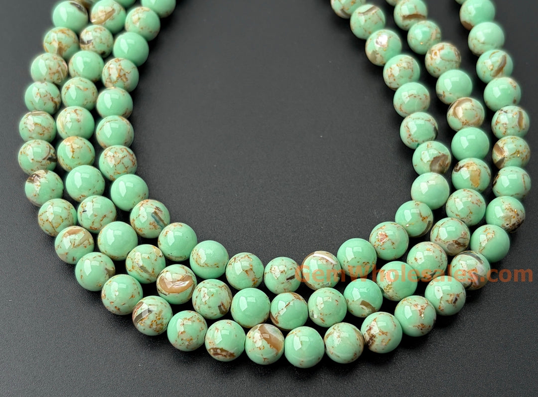Perles rondes turquoises vertes de 8 mm avec incrustation de coquillages, 15,5 pouces