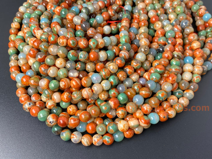 15" 8mm orange Green fire agate round semi precious stone beads