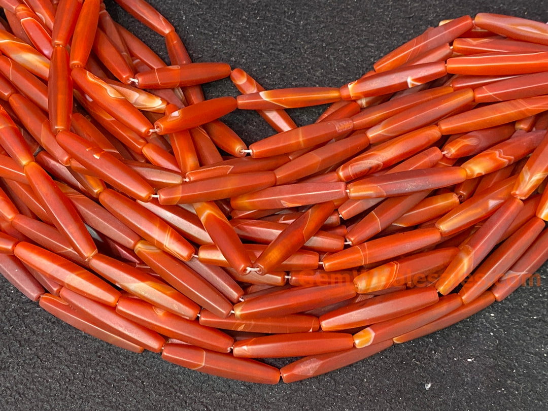 15" 10x50mm matte/frosted red stripe Agate oval/rice beads