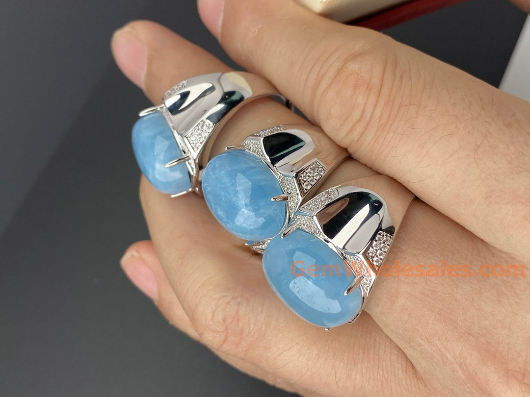13x18mm natural Oval Aquamarine stone Ring, ajustable brass ring