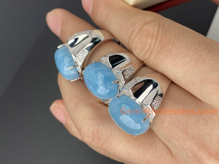 13x18mm natural Oval Aquamarine stone Ring, ajustable brass ring