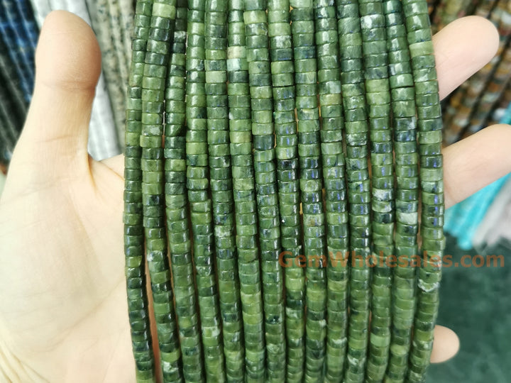 15" 3x6mm Natural green jade heishi beads for jewelry making