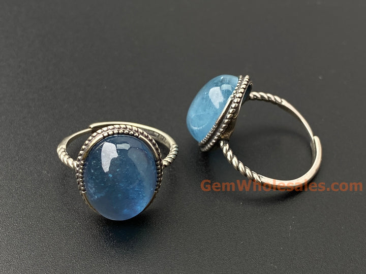 925 sterling silver rings with oval Natural aquamarine cabochon stone