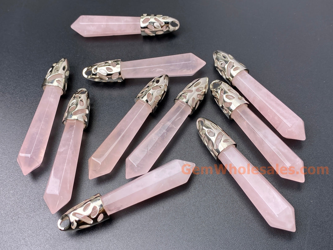 1PC 10x58mm natural rose quartz Crystal Point Pendant, Hexagonal Wand