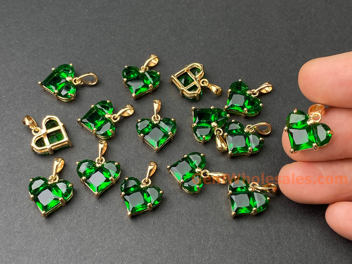 2PCS 14mm Green CZ heart, Gold Plated brass heart charms pendant