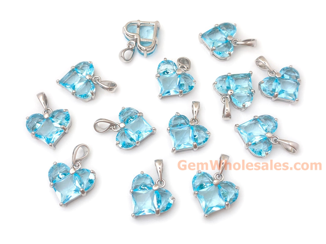 2PCS 14mm light blue CZ heart, Silver Color Plated brass heart charms pendant