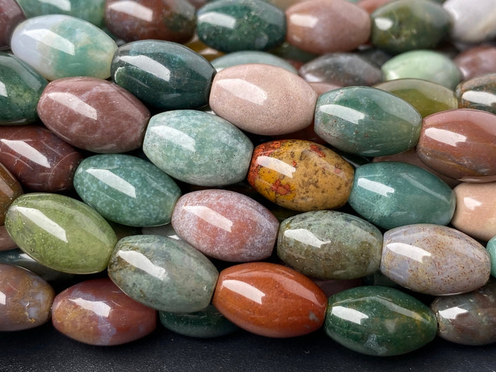15.5" Natural 8x12mm green Indian agate drum beads AA