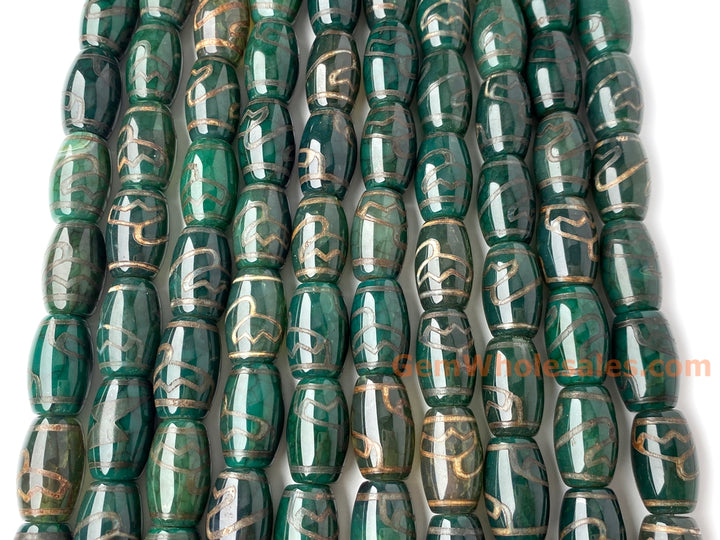 Lot de 12 perles tambour en agate dzi tibétaine verte antique de 15 x 22 mm, en vrac, de style lotus