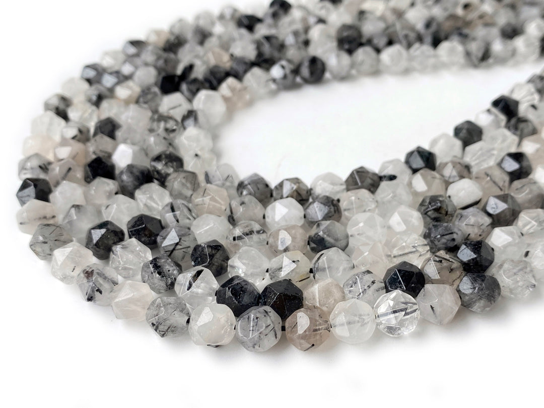 15.5" 10mm Natural black rutilated quartz star faceted beads