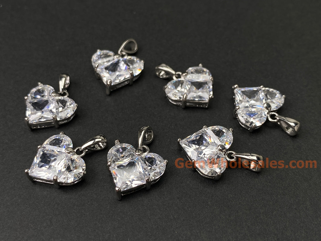 2PCS 14mm clear CZ heart, silver plated brass heart charms pendant