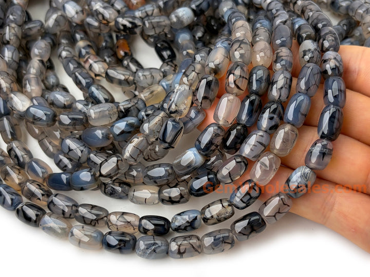 8x12mm black Grey dragon veins agate Barrel Beads, 15.5"