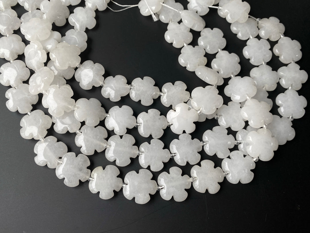 15" natural white jade flower beads 15mm/20mm, semi-precious stone flower