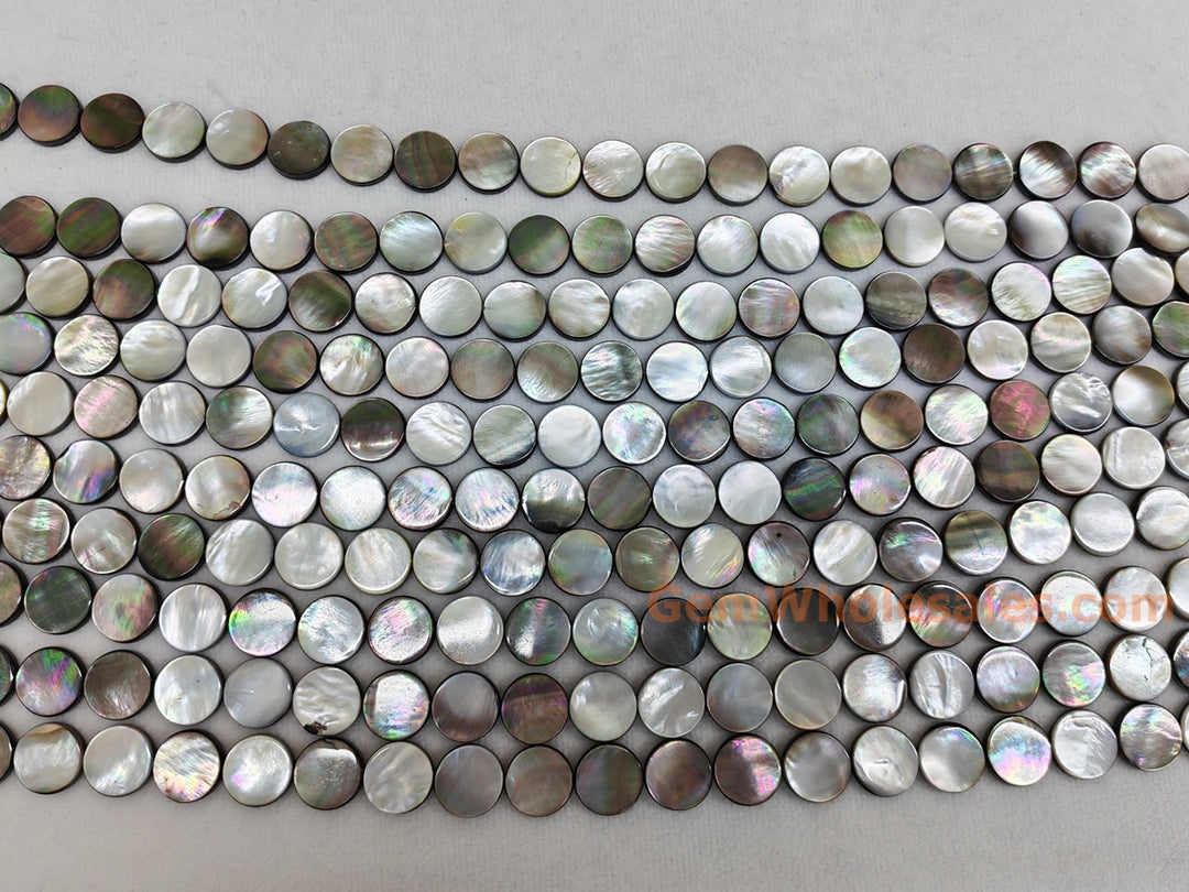 Natural black mother of pearl MOP 15mm coin beads, 15.5"