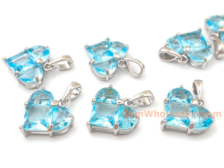 2PCS 14mm light blue CZ heart, Silver Color Plated brass heart charms pendant