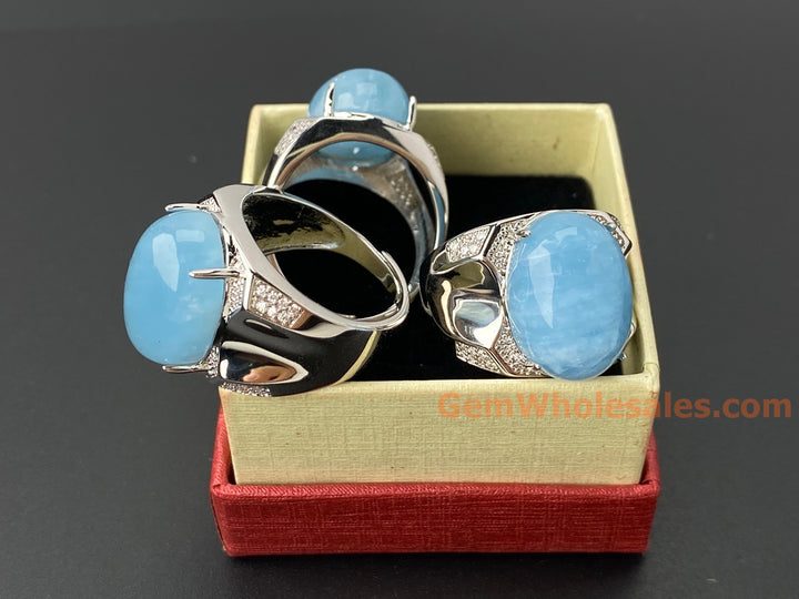 13x18mm natural Oval Aquamarine stone Ring, ajustable brass ring
