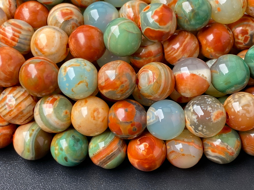 15" 8mm orange Green fire agate round semi precious stone beads