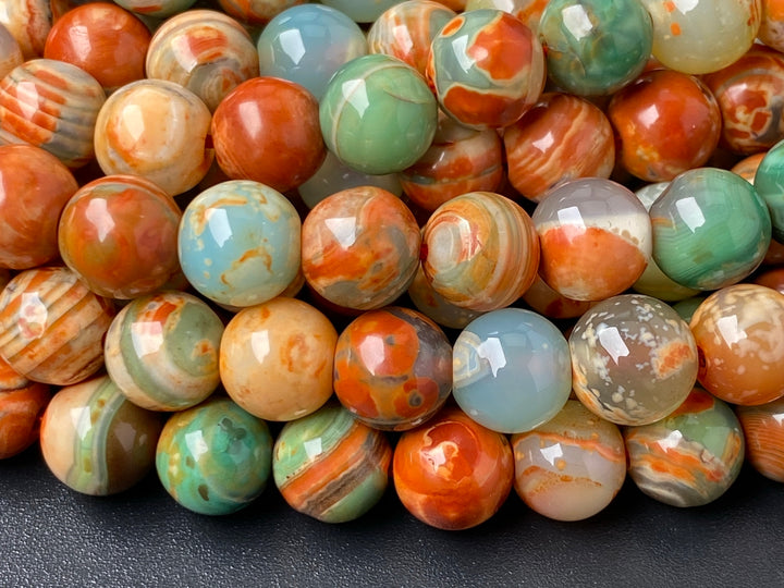 15" 8mm orange Green fire agate round semi precious stone beads