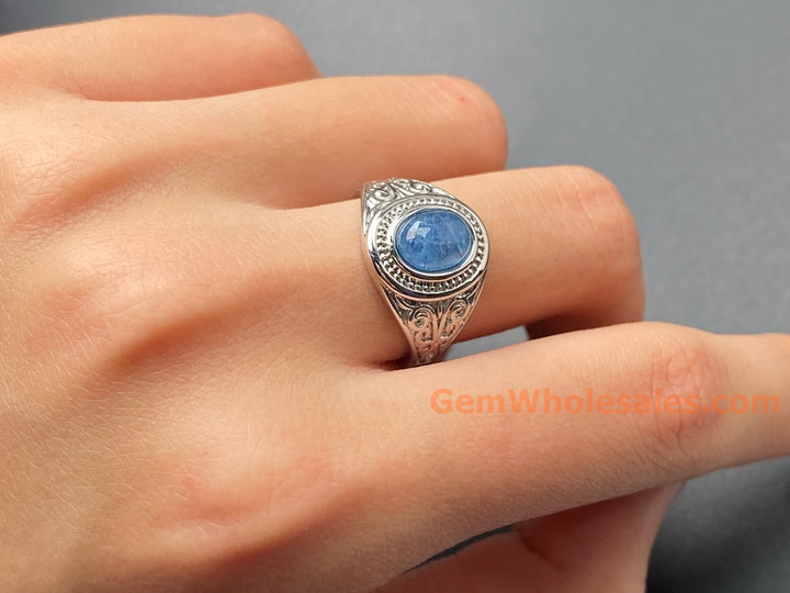 6x8mm natural Oval Aquamarine stone Ring, ajustable brass ring