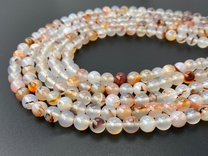 8mm translucent milky White Chalcedony Agate Round Beads, redish, 15"