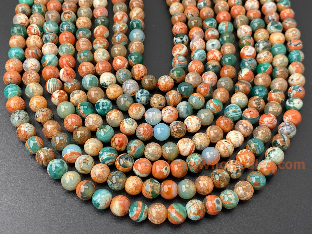 Perles rondes en pierre semi-précieuse d'agate de feu verte orange de 15 pouces et 8 mm