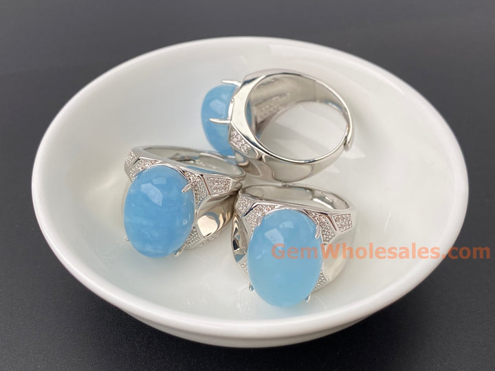 13x18mm natural Oval Aquamarine stone Ring, ajustable brass ring