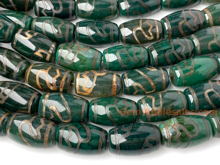 Lot de 12 perles tambour en agate dzi tibétaine verte antique de 15 x 22 mm, en vrac, de style lotus