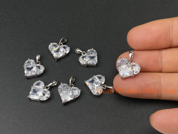 2PCS 14mm clear CZ heart, silver plated brass heart charms pendant