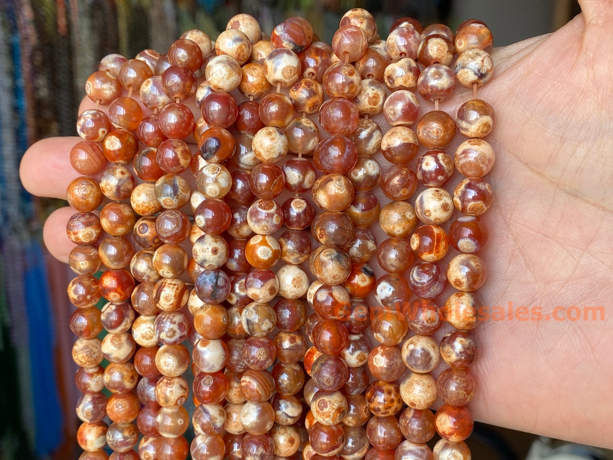 15" 8mm Dream Fire agate Red yellow brown multi color round beads