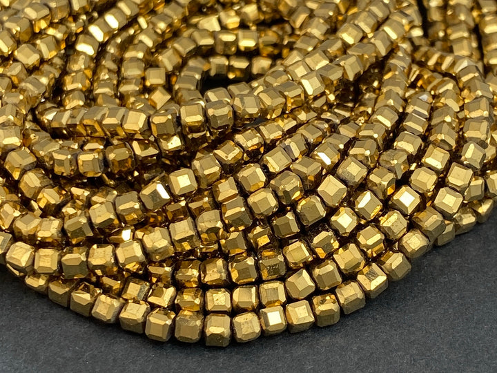 15.5" 2.5mm gold Hematite stone micro faceted cube beads