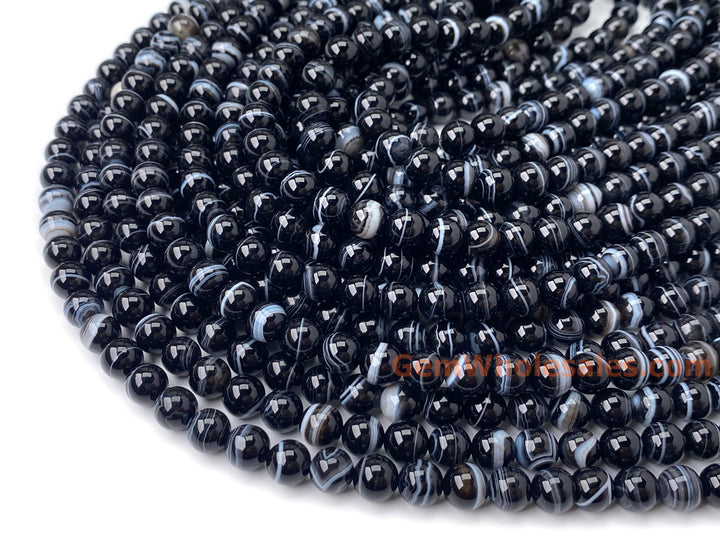 15" 8mm black white stripe Agate Round beads Gemstone