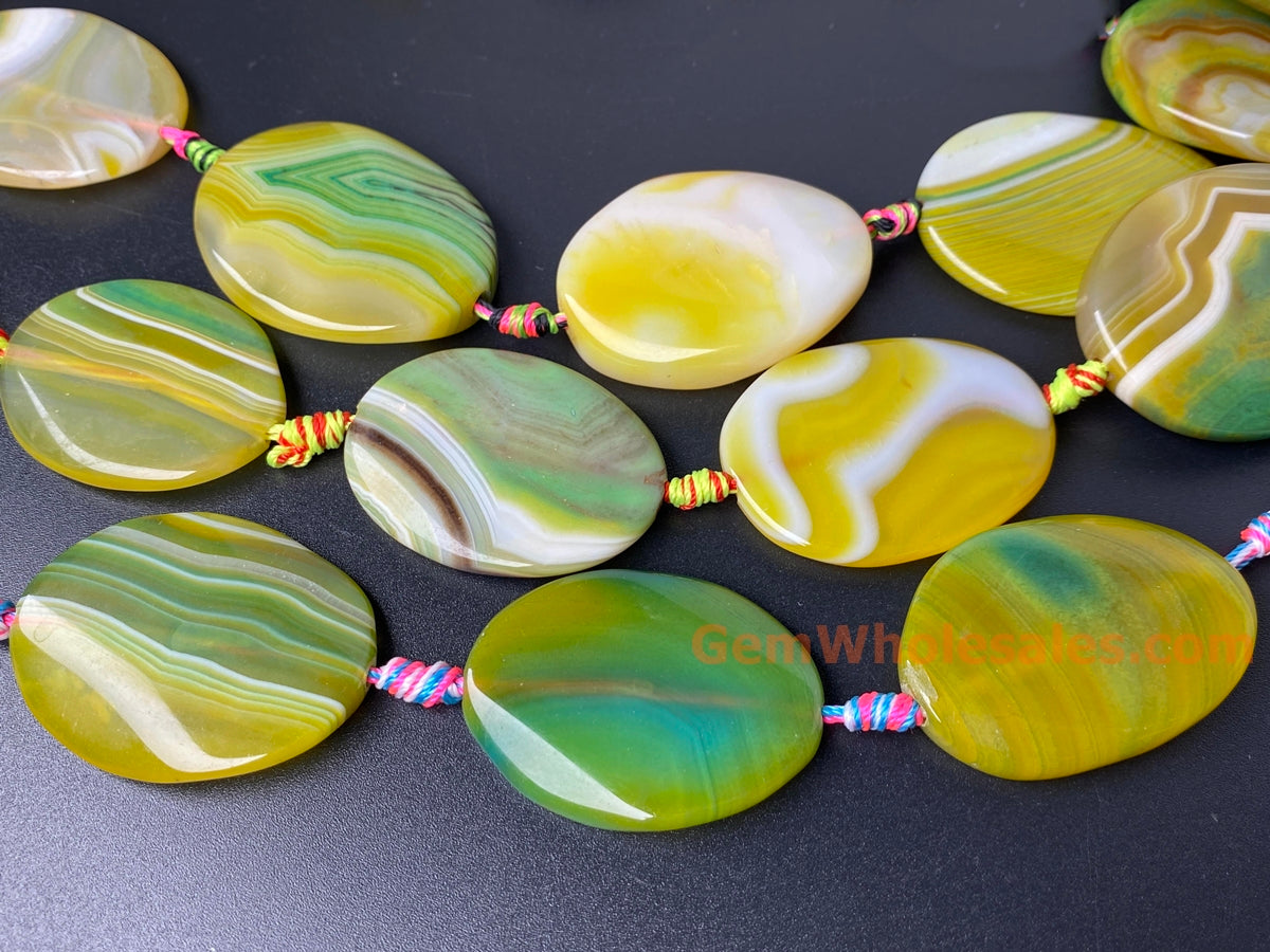 14" 30x40mm yellow green stripe Agate flat oval Gemstone beads