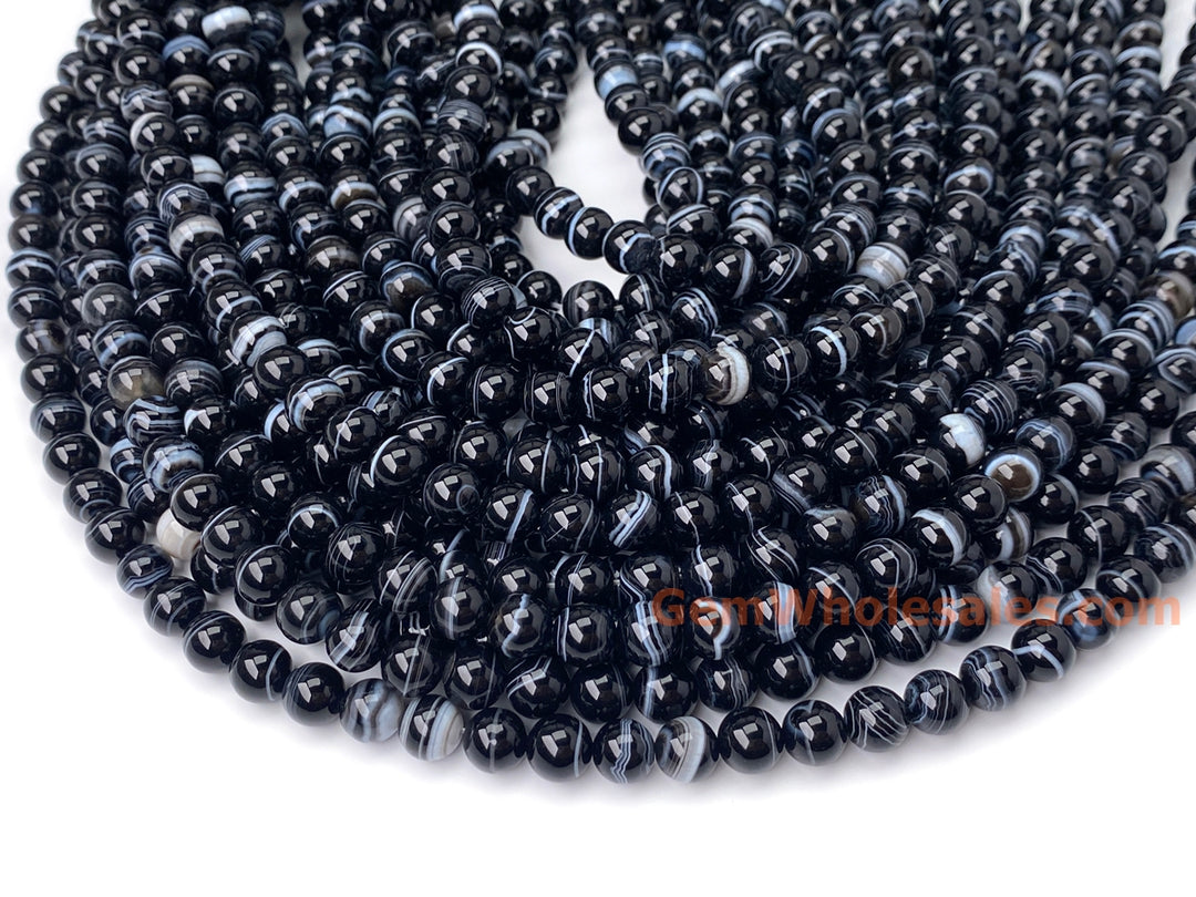 15" 8mm black white stripe Agate Round beads Gemstone