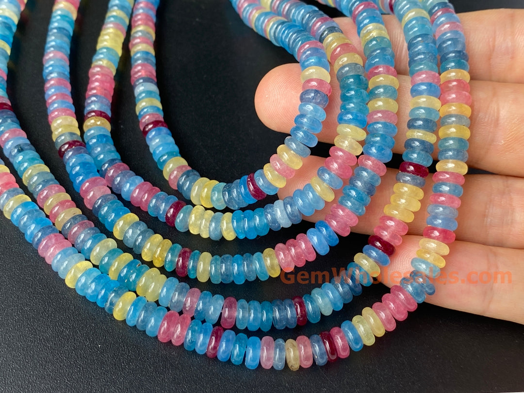 2x6mm blue Yellow red multi color jade Heishi beads, 15"