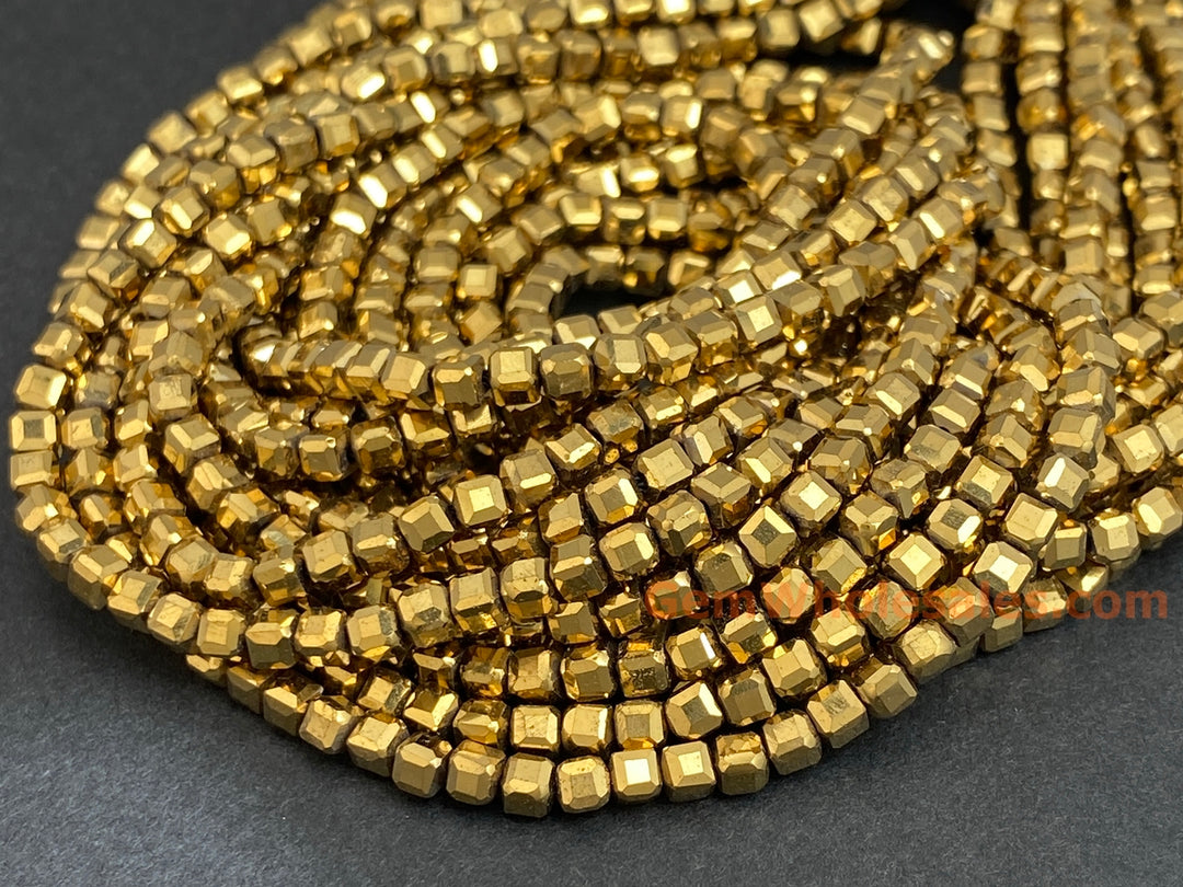 15.5" 2.5mm gold Hematite stone micro faceted cube beads
