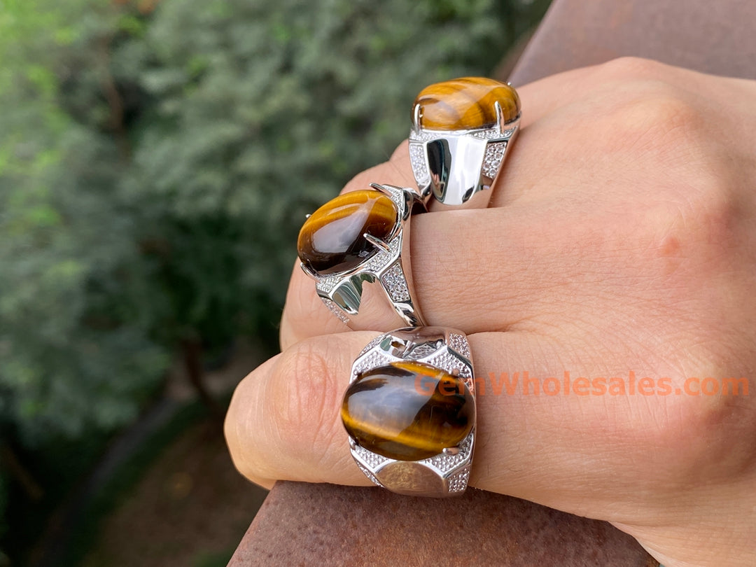 Adjustable Tiger's Eye Stone Ring, Men's Gemstone brass Ring, 13x18mm