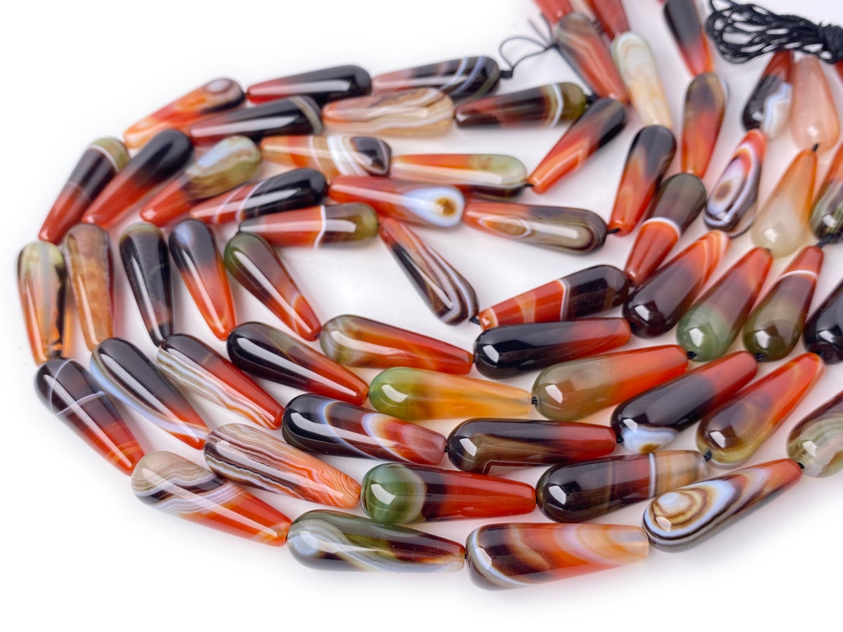 15.5" 10x30mm Green red brown stripe agate teardrop beads