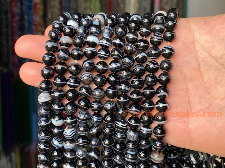 15" 8mm black white stripe Agate Round beads Gemstone