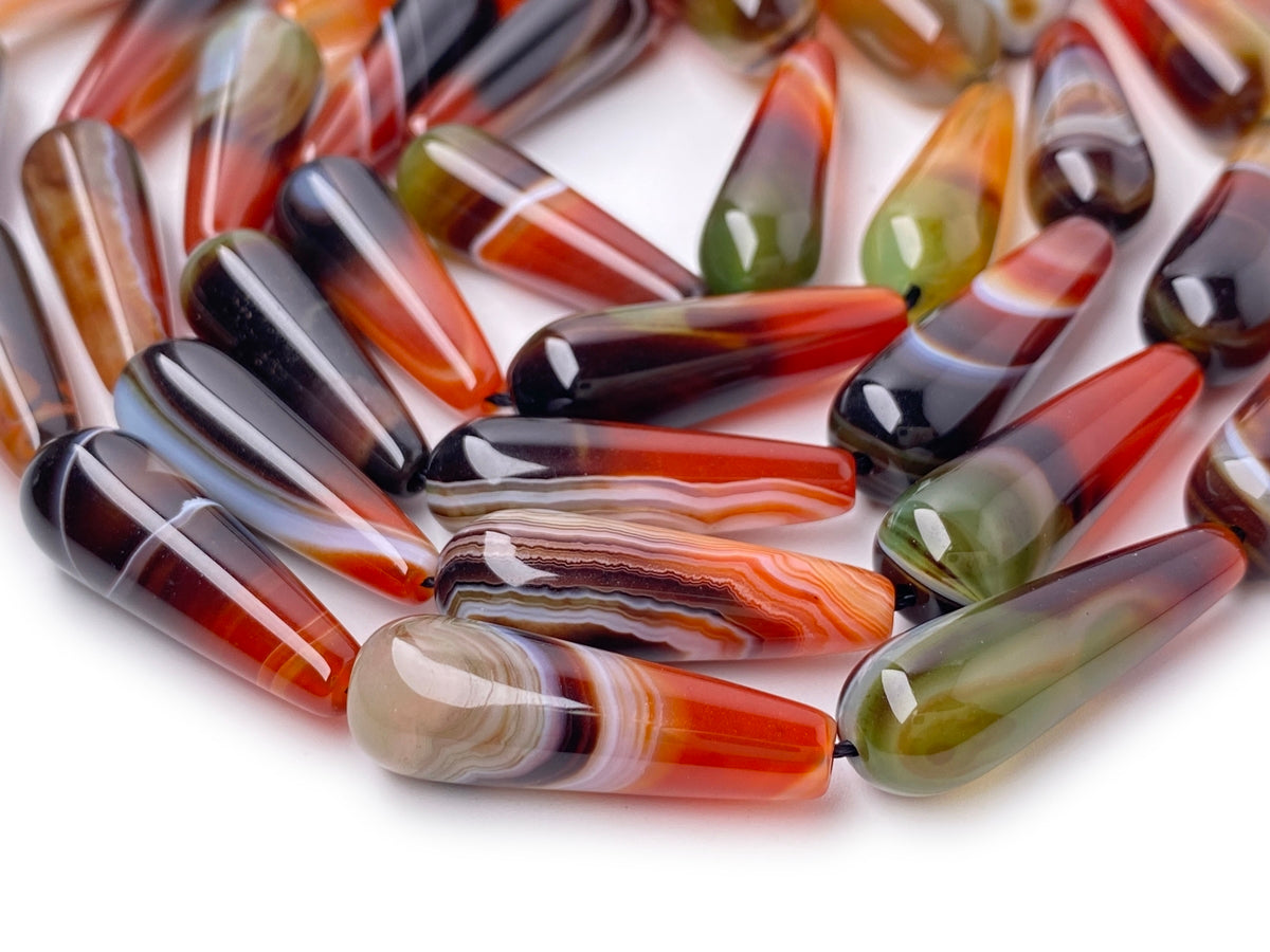 15.5" 10x30mm Green red brown stripe agate teardrop beads