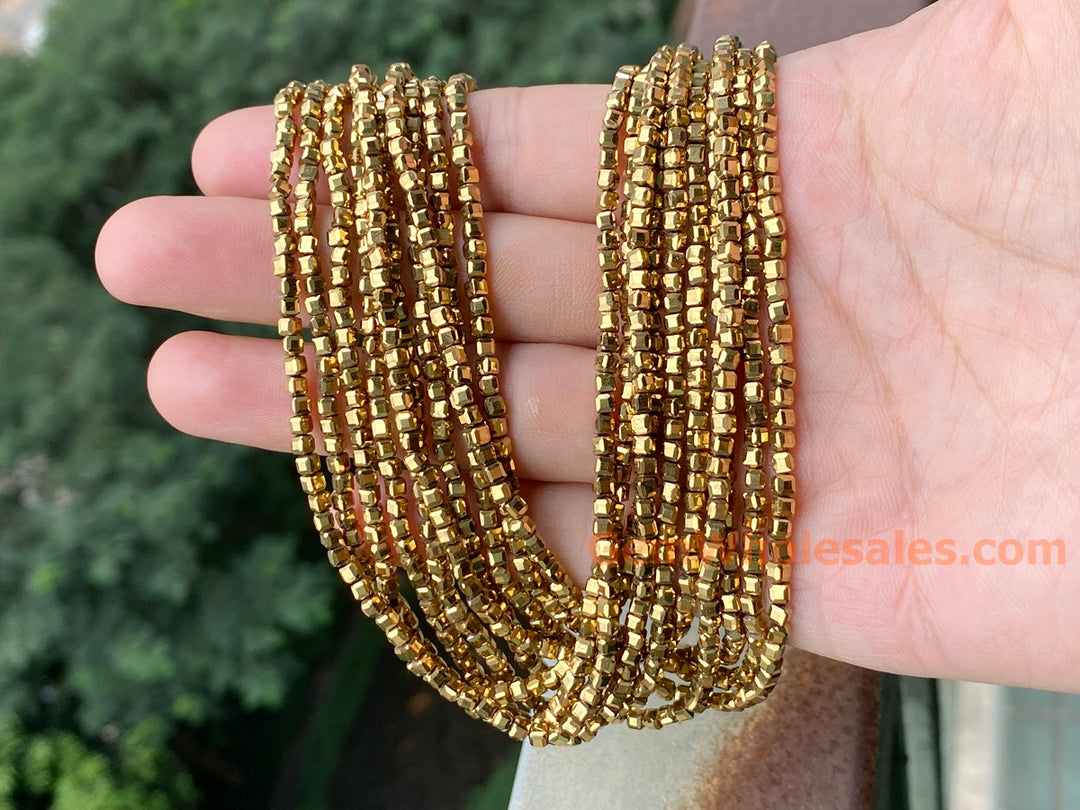 15.5" 2.5mm gold Hematite stone micro faceted cube beads