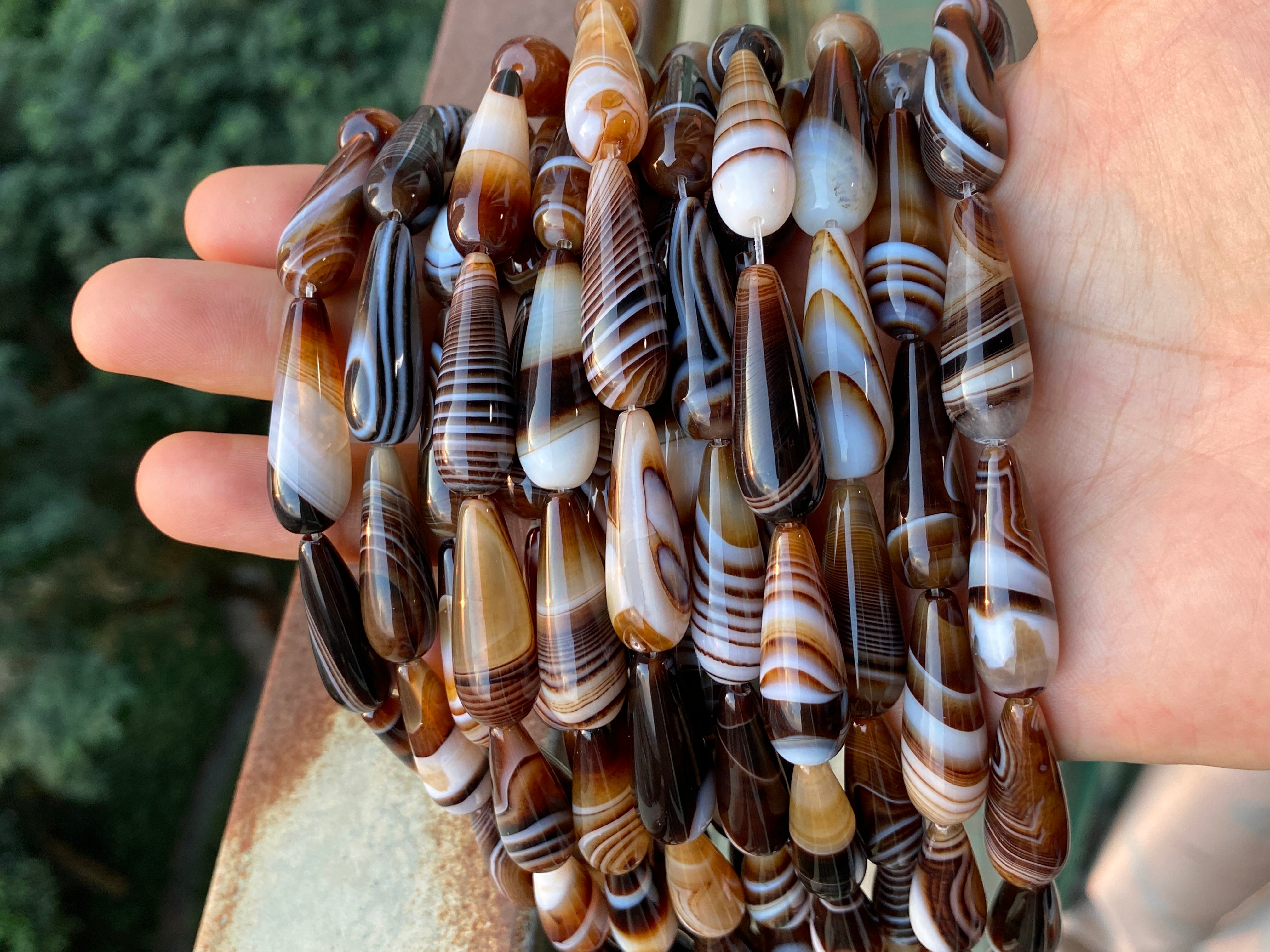 15.25" 10x30mm polished brown stripe agate teardrop jewelry beads