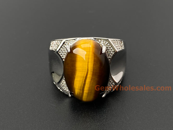 Adjustable Tiger's Eye Stone Ring, Men's Gemstone brass Ring, 13x18mm