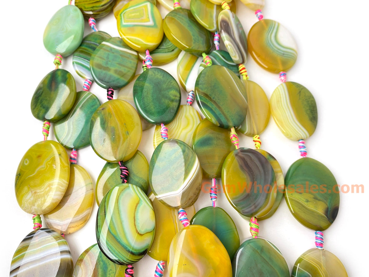 14" 30x40mm yellow green stripe Agate flat oval Gemstone beads