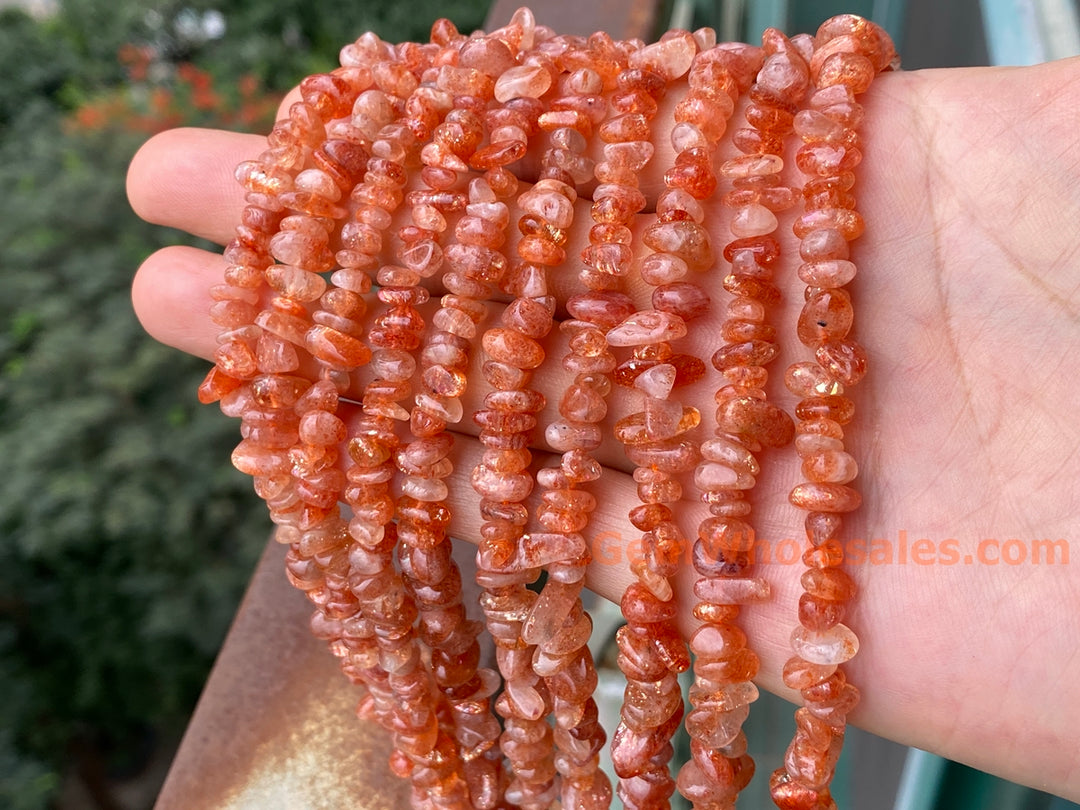 5x10mm natural Sunstone chips beads, orange gemstone chips, 16"