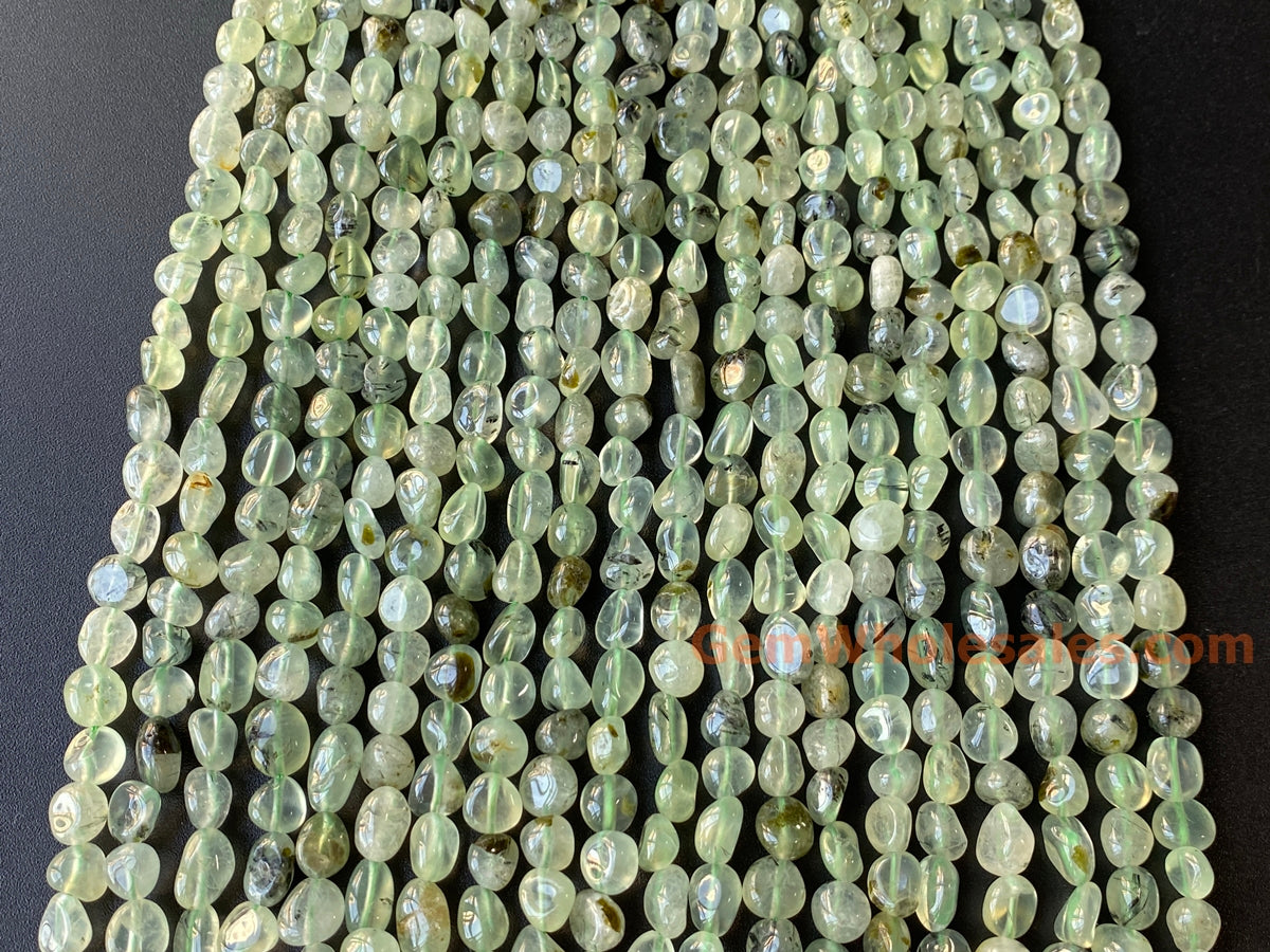 15.5" 6~8mm Natural green prehnite stone pebble nugget beads