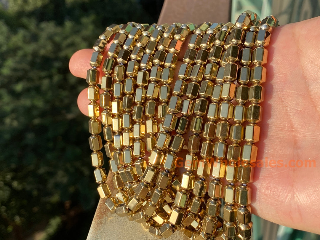 15.5" 5x8mm gold plated Hematite stone Hexagon Drum beads
