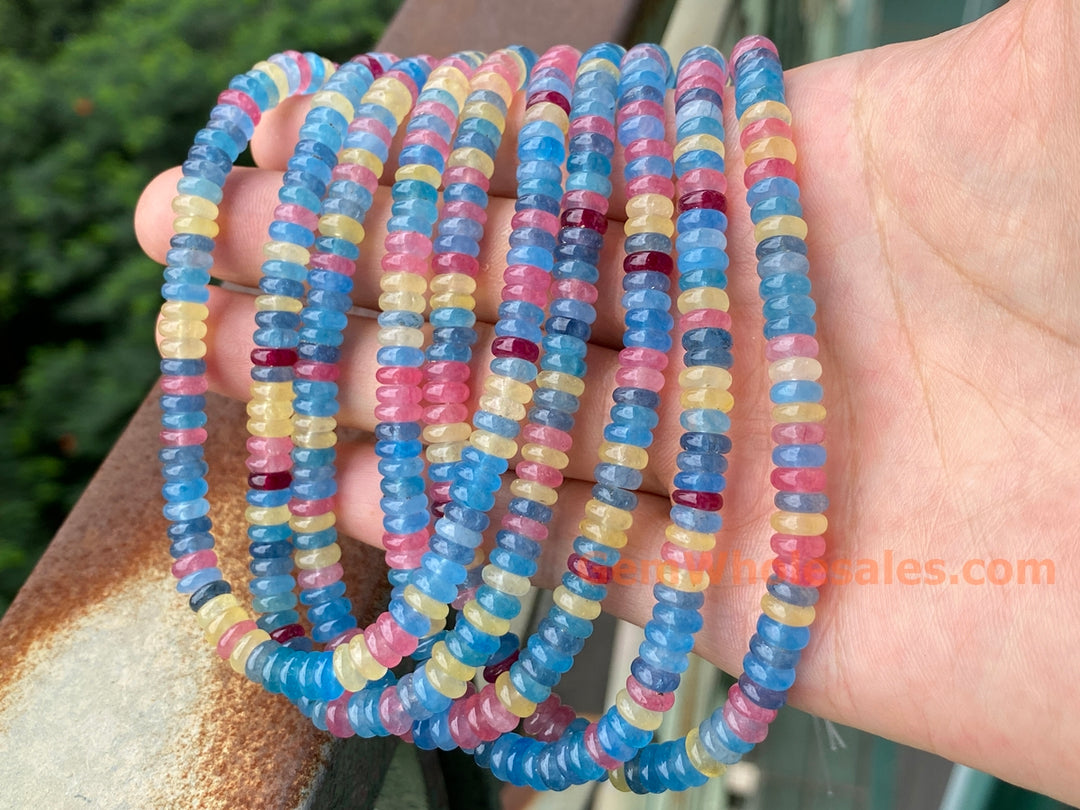 2x6mm blue Yellow red multi color jade Heishi beads, 15"