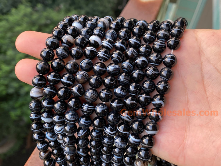 15" 8mm black white stripe Agate Round beads Gemstone